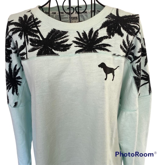 PINK Victoria’s Secret Long Sleeve Sweatshirt with Palm Trees and Dog Logo Sz M - Picture 3 of 9